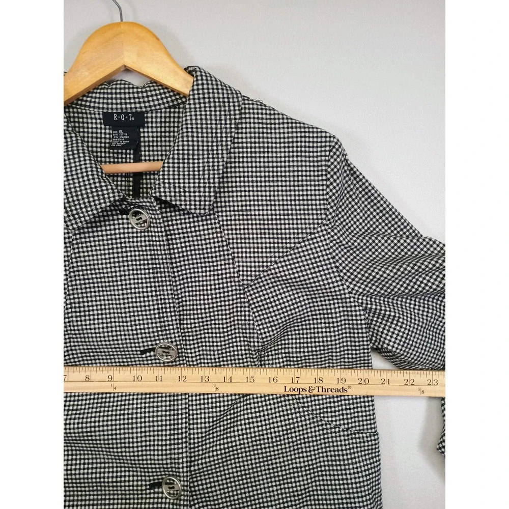 Dark Academia RQT Womens‎ XL Black White Gingham Check Button Up Stretch Jacket